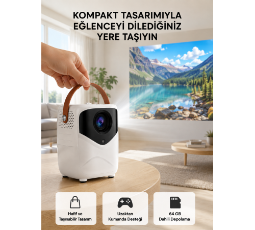 Mini Akıllı Projektör – 1080P Full HD, 64GB Depolama, 2GB RAM, Uzaktan Kumanda Destekli Yeni Nesil