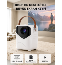 Taşınabilir Akıllı 1080P Projektör – 64GB Hafıza, 2GB RAM, Full HD Görüntü, Kumandalı Yeni Nesil