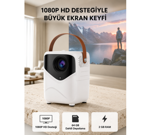 Taşınabilir Akıllı 1080P Projektör – 64GB Hafıza, 2GB RAM, Full HD Görüntü, Kumandalı Yeni Nesil