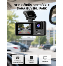 Full HD 3'lü Araç Kamerası Geri Görüş Destekli Park Modlu 1080P DVR