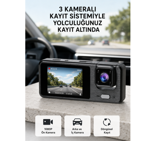 Park Modlu 3 Kameralı Araç Kayıt Cihazı 1080P Ön Kamera 2’’ Ekran