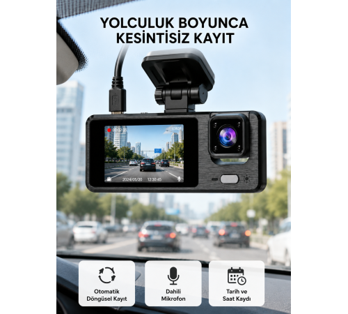 3 Kameralı Araç DVR 1080P Ön + HD Arka + İç Kamera Döngü Kayıt 2’’ Ekran