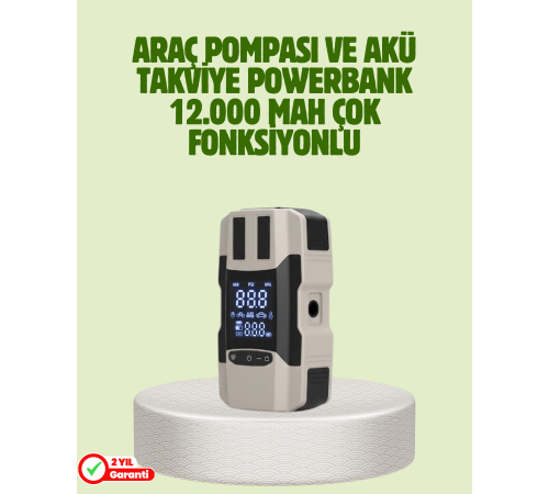 Araç Hava Pompası ve Akü Takviye Powerbank 12.000 mAh Çok Fonksiyonlu