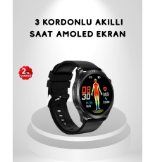 AMOLED Ekranlı Akıllı Saat – 3 Kordon Seçenekli, Suya Dayanıklı, Kalp Atış ve Uyku Takip Özellikli