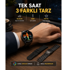 AMOLED Ekranlı Akıllı Saat – 3 Kordon Seçenekli, Suya Dayanıklı, Kalp Atış ve Uyku Takip Özellikli