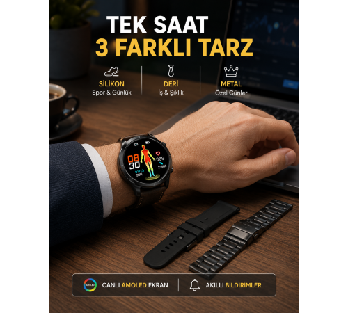 AMOLED Ekranlı Akıllı Saat – 3 Kordon Seçenekli, Suya Dayanıklı, Kalp Atış ve Uyku Takip Özellikli