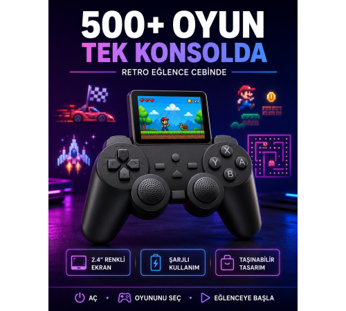 Çocuklar ve Yetişkinler İçin Uygun 500 Oyunlu Taşınabilir Mini Retro El Konsolu