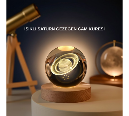 Satürn Gezegenli Kristal Küre LED Lamba USB’li Ahşap Standlı