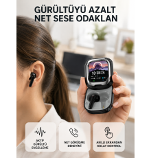 Aktif Gürültü Engelleme Özellikli Kablosuz Kulaklık – Akıllı Ekranlı Şarj Kutusu