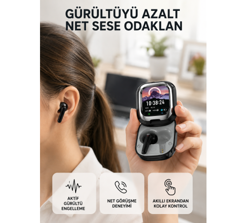 Aktif Gürültü Engelleme Özellikli Kablosuz Kulaklık – Akıllı Ekranlı Şarj Kutusu