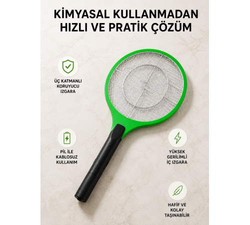Taşınabilir Elektronik Sineklik – Üç Katmanlı Güvenli Izgara ve Kimyasız Koruma