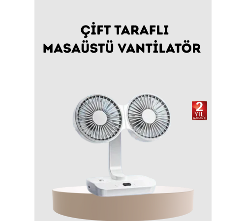 720° Dönebilen Çift Başlıklı USB Şarjlı Masaüstü Vantilatör – Sessiz ve Güçlü Serinlik
