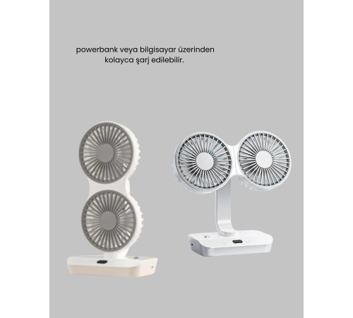 720° Dönebilen Çift Başlıklı USB Şarjlı Masaüstü Vantilatör – Sessiz ve Güçlü Serinlik