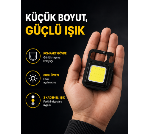 LED Mini Anahtarlık Fener – 1000 Lümen Güçlü Işık ve USB Type-C Şarjlı Yeni Nesil