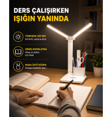 Kalemlik ve Telefon Standlı Masa Lambası – Kısılabilir LED Işık, Göz Dostu Tasarım Yeni Nesil