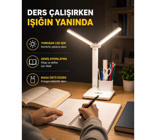 Kalemlik ve Telefon Standlı Masa Lambası – Kısılabilir LED Işık, Göz Dostu Tasarım Yeni Nesil