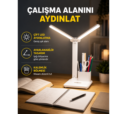 Kısılabilir LED Masa Lambası – Kalemlik ve Telefon Standlı, Göz Yormayan Işık Yeni Nesil