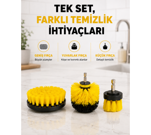 3’lü Matkap Temizlik Fırçası Seti – Banyo, Mutfak ve Araç Jantı İçin Etkili Yeni Nesil