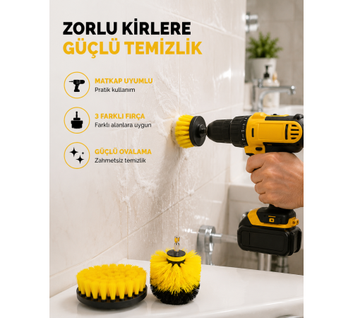 3’lü Matkap Ucu Fırça Seti – Derinlemesine Temizlik, Tüm Yüzeylerle Uyumlu Yeni Nesil