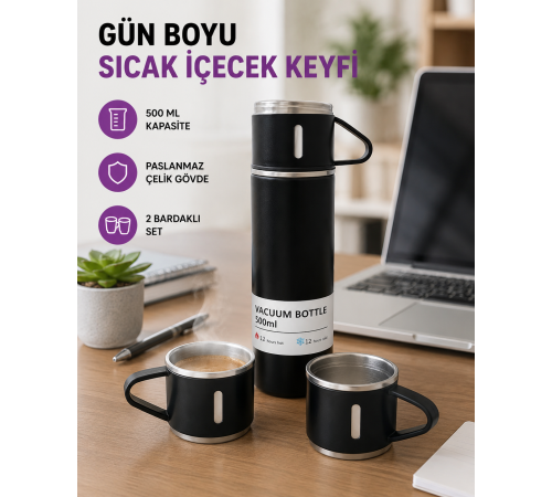 Paslanmaz Çelik 500 ml Termos Seti – 8 Saat Isı Koruma, Vakumlu, Sızdırmaz ve Taşınabilir