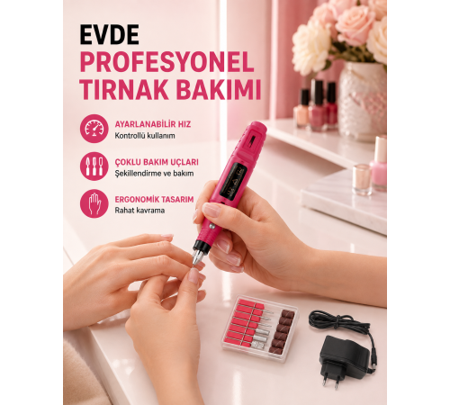 Profesyonel Tırnak Matkap Makinesi – USB Şarjlı, Ayarlanabilir Hız, Düşük Titreşimli ve Sessiz Çalışma