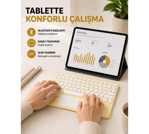 Bluetooth Kablosuz Klavye – İnce Slim Model, Tablet ve Akıllı TV Uyumlu, Sessiz Tuşlu Taşınabilir Klavye