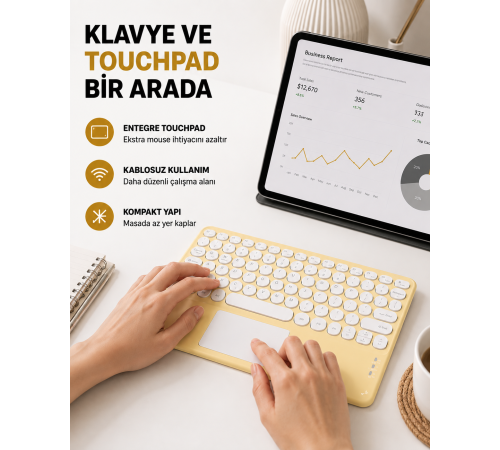 Bluetooth Klavye – Kablosuz, Sessiz Tuşlu, Android iOS Windows Uyumlu, Kompakt Taşınabilir Tasarım