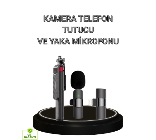 Kablosuz Çift Yaka Mikrofonu ve Tripodlu Selfie Çubuğu İçerik Üretici Seti