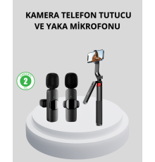 Kablosuz Çift Yaka Mikrofonu ve Tripodlu Selfie Çubuğu İçerik Üretici Seti