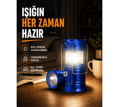 Güneş Enerjili Katlanabilir Kızaklı Kamp Feneri – USB Şarjlı, Çok Yönlü ve Dayanıklı Tasarım