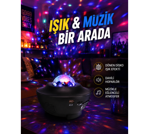 Sesle Etkileşimli Yıldız Projektörlü Gece Lambası – Bluetooth Hoparlörlü, USB Girişli, Dönen Okyanus