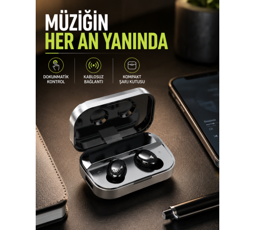 Gerçek Kablosuz Kulaklık – Bluetooth 5.0, Şarj Kutulu, Parmak İzi Kontrollü