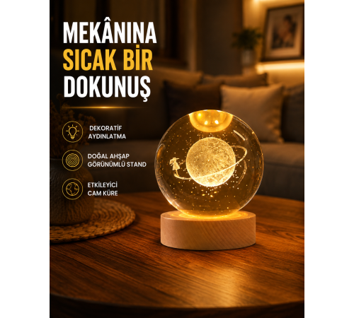 Kız Figürlü Sarı Cam Küre Işıklı Büyük Boy Ahşap Standlı Dekor