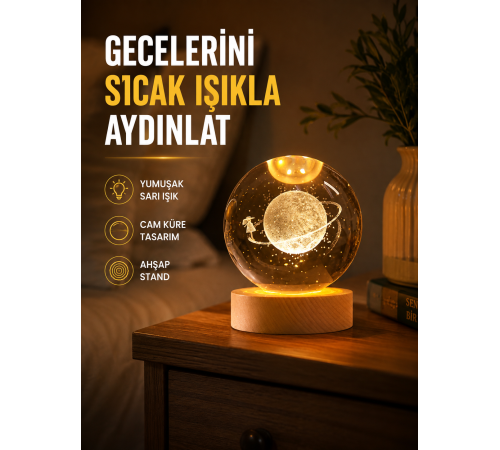 Ahşap Standlı Sarı Işıklı Dekoratif Küre Kız Figürü Tasarım