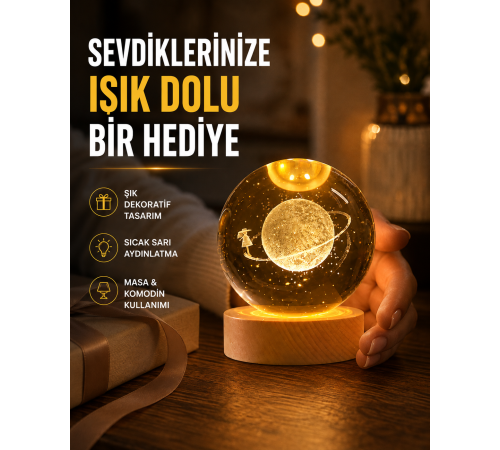 Ahşap Standlı Sarı Işıklı Dekoratif Küre Kız Figürü Tasarım