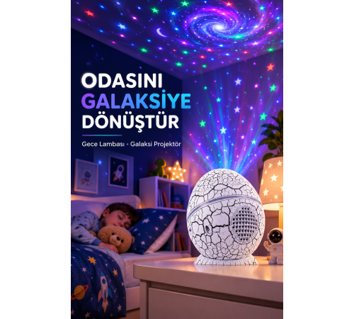 Dinozor Yumurtası Galaksi Projektör Gece Lambası 4'ü 1 Arada – Bluetooth Hoparlörlü