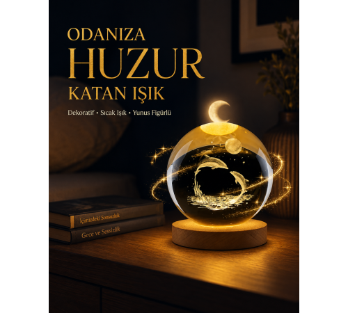 Yunus Temalı Kristal Küre USB Işıklı Ahşap Altlıklı Gece Lambası