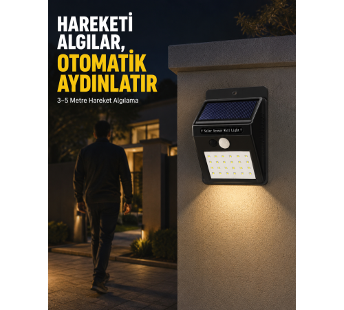 Bahçe ve Veranda İçin Güneş Paneli ile Otomatik Şarj Olan LED Duvar Lambası