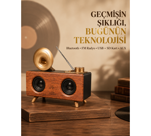 Çift Hoparlörlü Retro Bluetooth Speaker 1800mAh Bataryalı AUX USB SD Kartlı