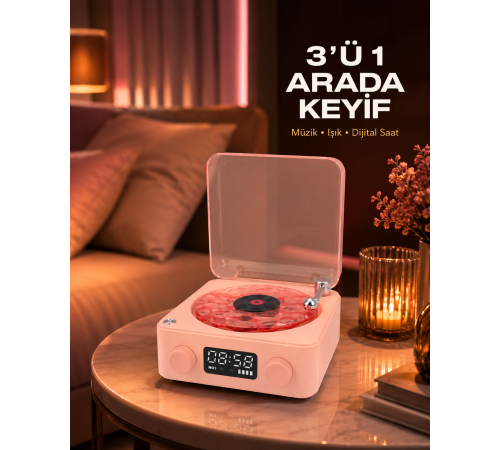 Gece Lambası Stereo Bluetooth Hoparlör Dijital Saat Su Dalgası Efektli 3-ü-1 Cihaz