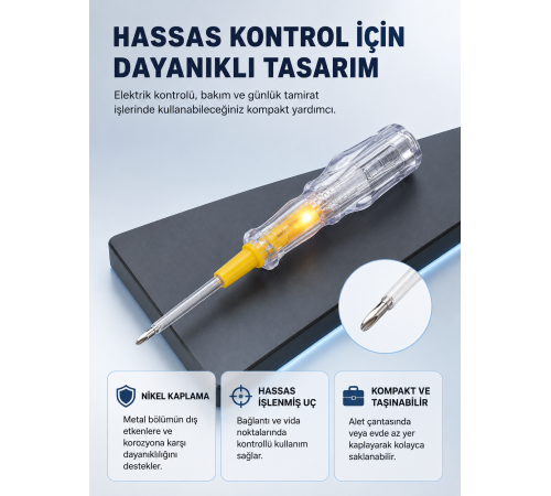 Elektrik Test Kalemi Neon Işıklı Nikel Kaplama 110-220V Dirençli