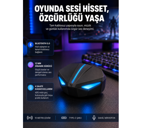 Tam Kablosuz Kulaklığı 5.0 Bluetooth LED Kontrollü Yeni Nesil