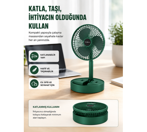 Şarjlı Mini Fan Katlanabilir 3 Hız Ayarlı Taşınabilir Tasarımlı