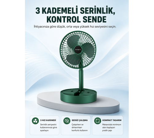 Taşınabilir Katlanabilir Mini Fan 3 Kademeli Şarj Edilebilir