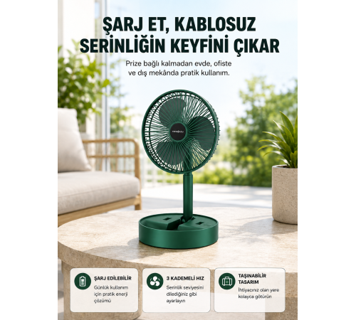 Katlanabilir Şarjlı Mini Fan 3 Kademeli Hız Ayarlı Taşınabilir