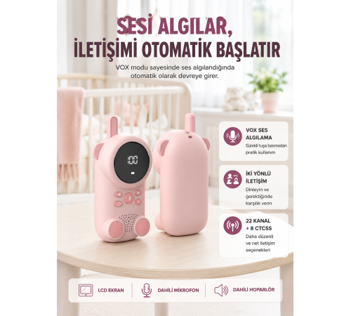 Uzun Menzilli Bebek Telsizi 1-3 Km Çekim 22 Kanal LCD Ekran VOX Şarjlı