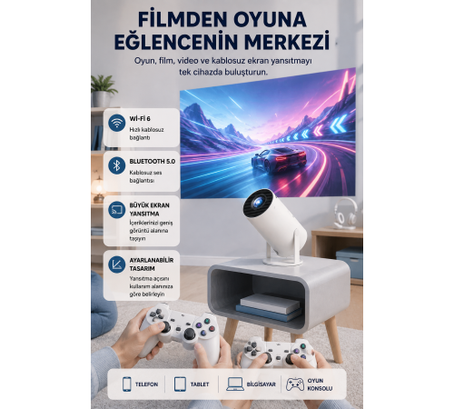 Taşınabilir Projeksiyon Cihazı 4K Destekli Wi-Fi Kablosuz Ekran Yansıtma
