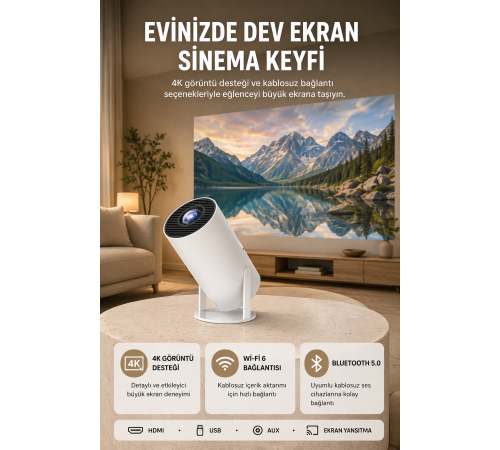 Kablosuz Projeksiyon Cihazı 4K Destekli HDMI USB Oyun Uyumlu