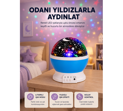 Renkli LED Gece Lambası 6 Işık Modlu Çocuk Odası Atmosfer Aydınlatma