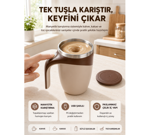 Manyetik Karıştırıcı Kupa USB Şarjlı Otomatik Karıştırma Çift Katmanlı